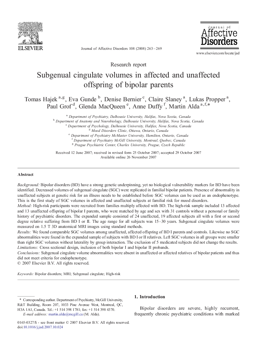 Subgenual cingulate volumes in affected and unaffected offspring of bipolar parents