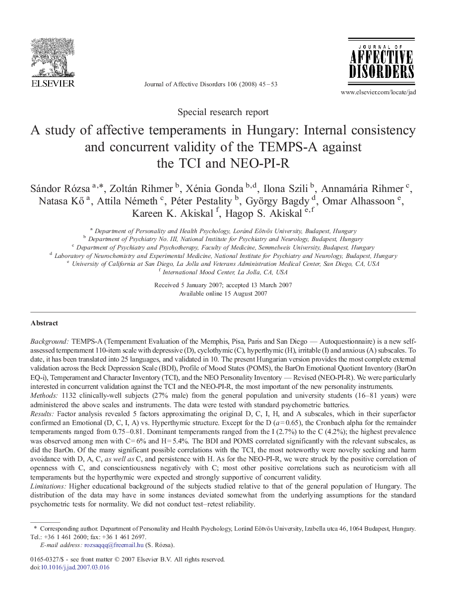 A study of affective temperaments in Hungary: Internal consistency and concurrent validity of the TEMPS-A against the TCI and NEO-PI-R