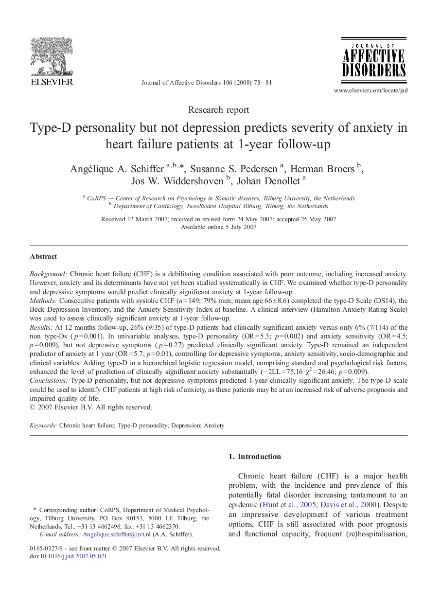 Type-D personality but not depression predicts severity of anxiety in heart failure patients at 1-year follow-up