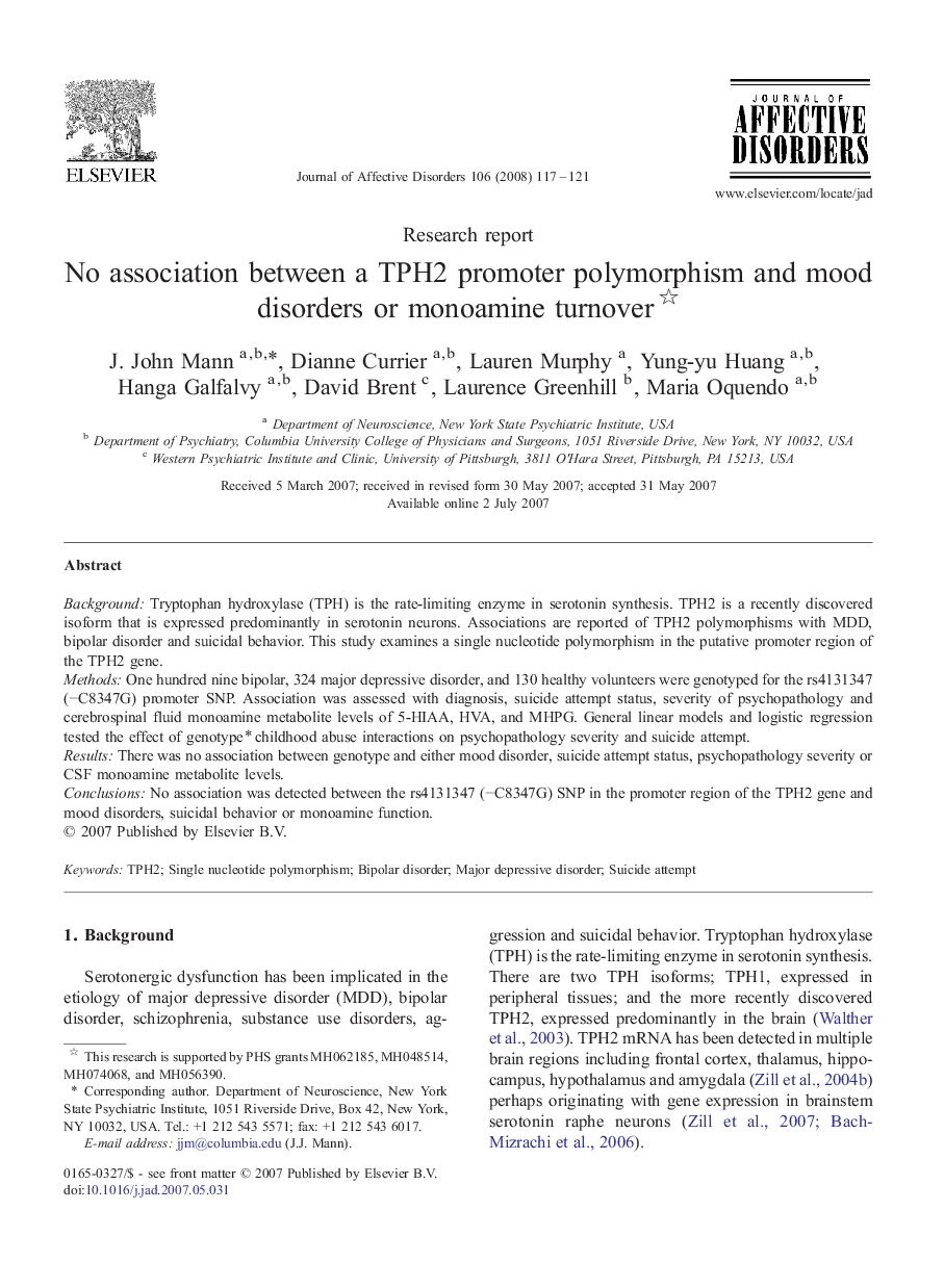 No association between a TPH2 promoter polymorphism and mood disorders or monoamine turnover 