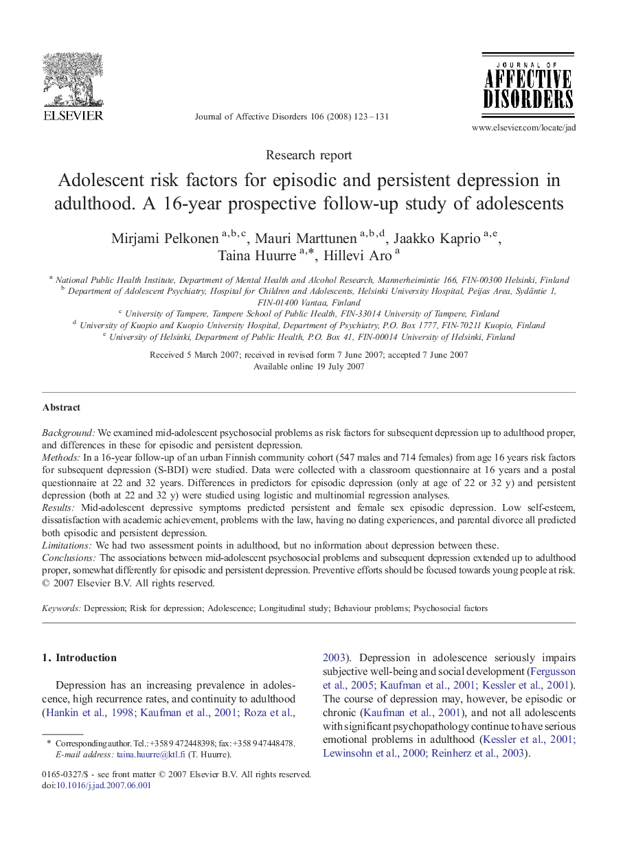 Adolescent risk factors for episodic and persistent depression in adulthood. A 16-year prospective follow-up study of adolescents