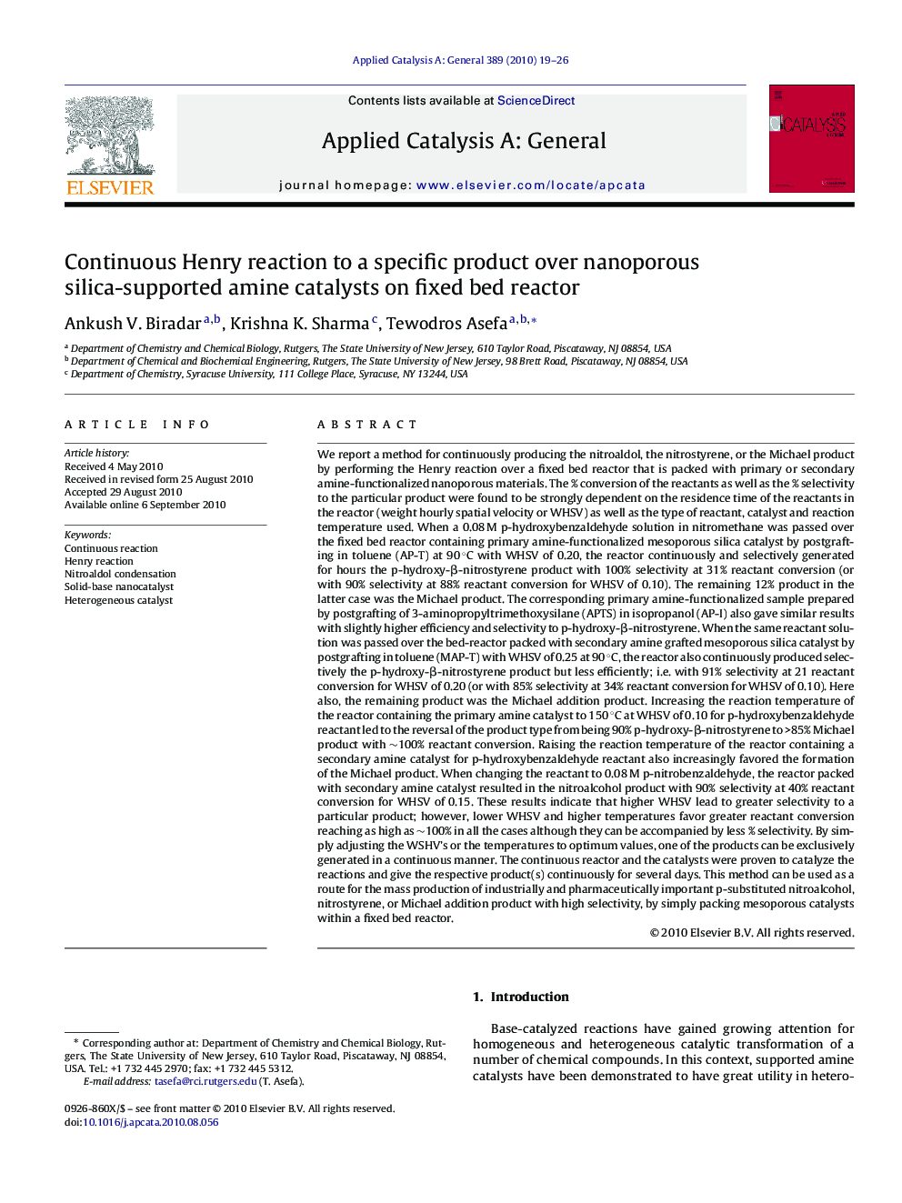 Continuous Henry reaction to a specific product over nanoporous silica-supported amine catalysts on fixed bed reactor