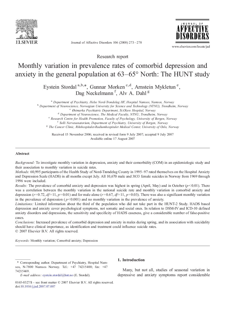 Monthly variation in prevalence rates of comorbid depression and anxiety in the general population at 63–65° North: The HUNT study