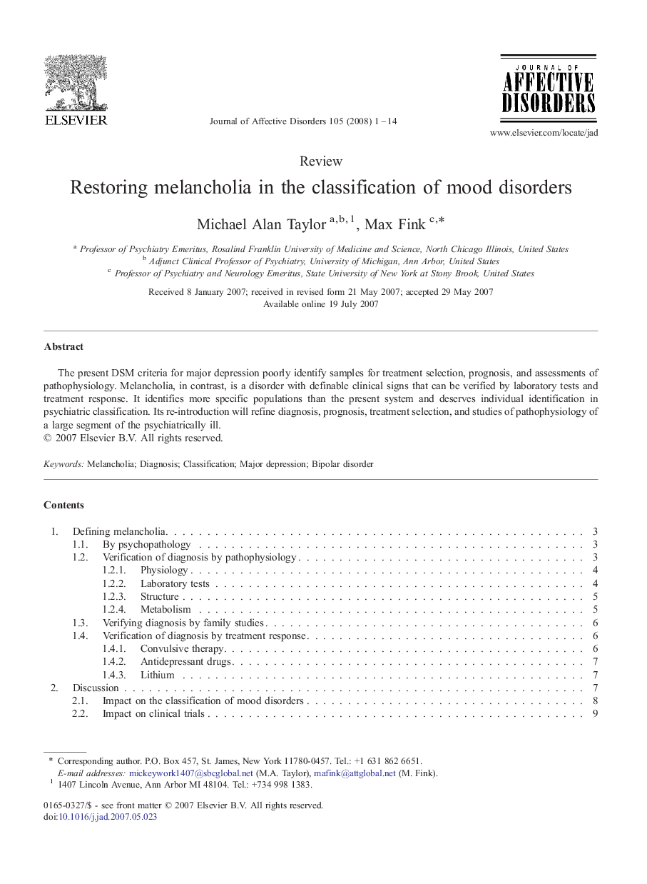 Restoring melancholia in the classification of mood disorders