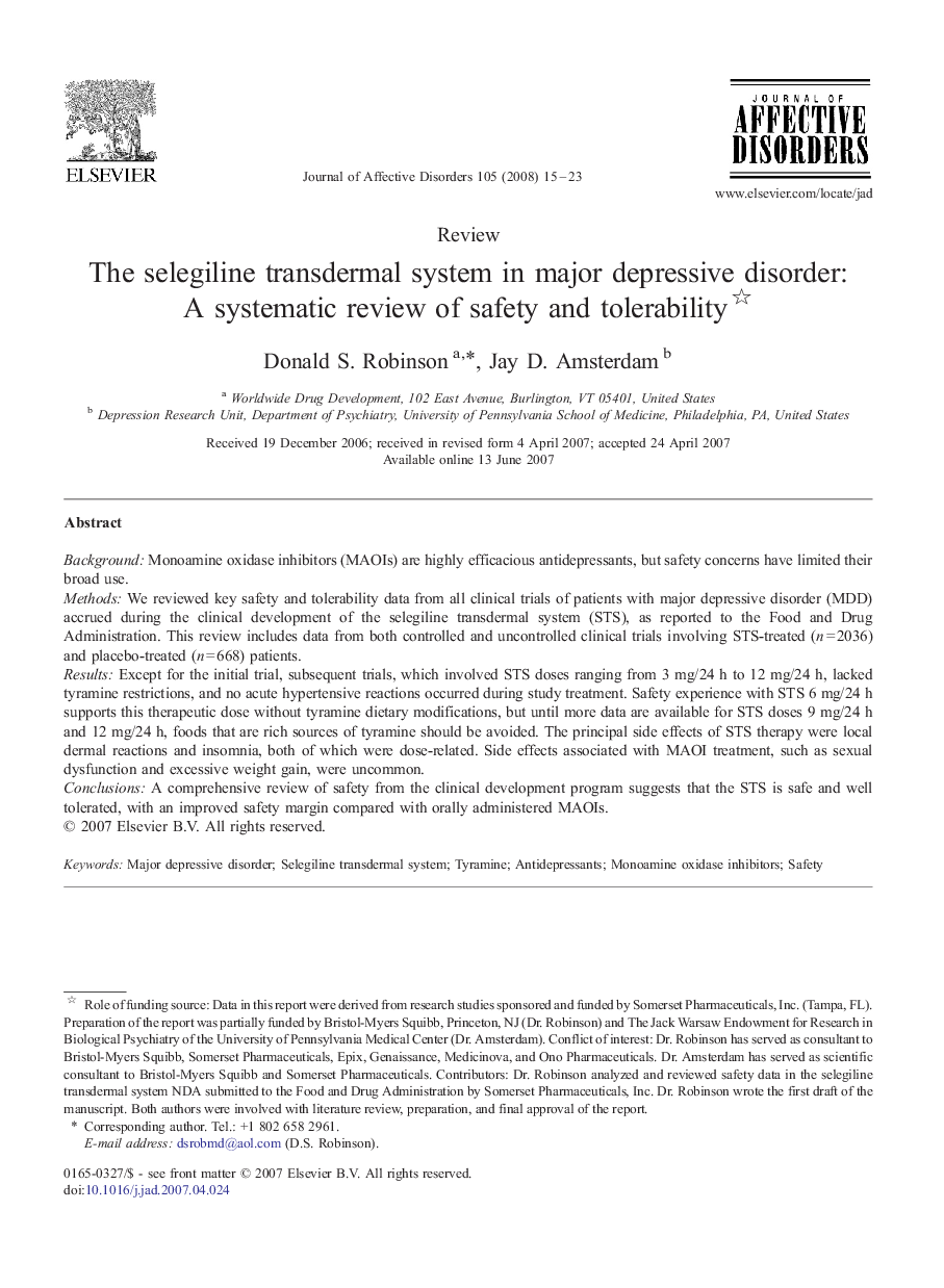 The selegiline transdermal system in major depressive disorder: A systematic review of safety and tolerability 