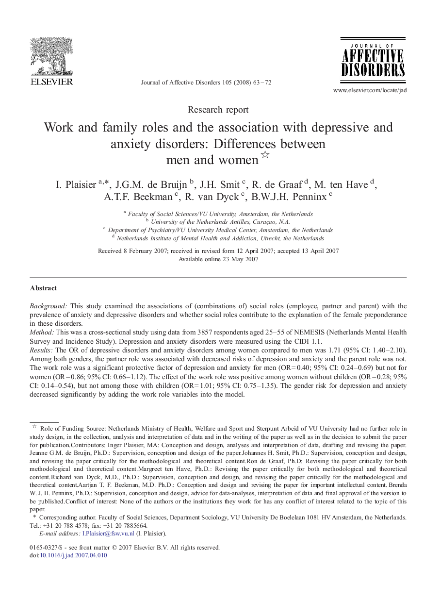 Work and family roles and the association with depressive and anxiety disorders: Differences between men and women 