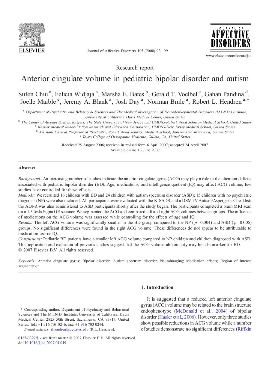 Anterior cingulate volume in pediatric bipolar disorder and autism