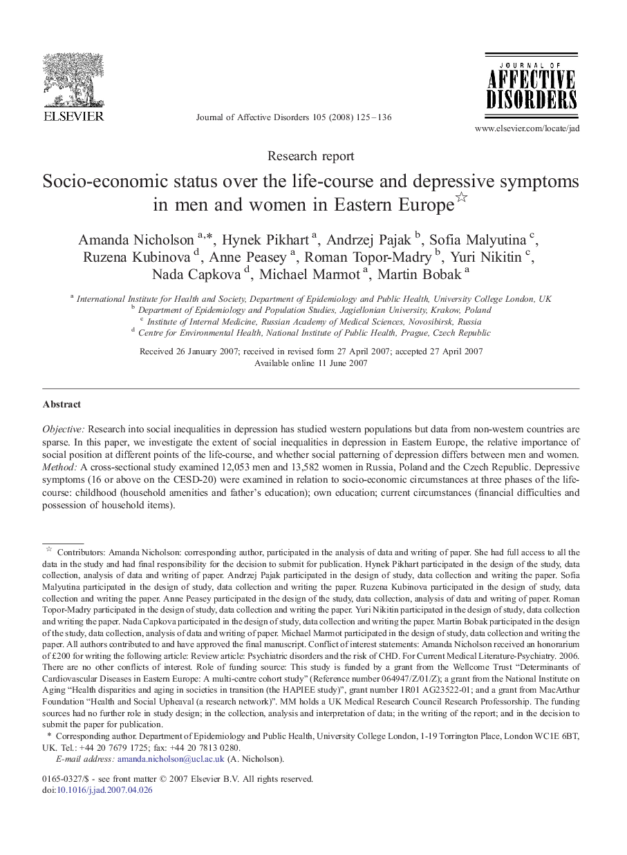 Socio-economic status over the life-course and depressive symptoms in men and women in Eastern Europe 