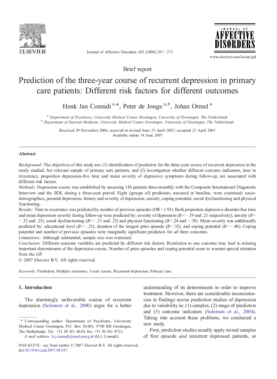 Prediction of the three-year course of recurrent depression in primary care patients: Different risk factors for different outcomes