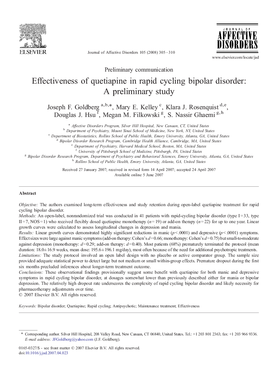 Effectiveness of quetiapine in rapid cycling bipolar disorder: A preliminary study