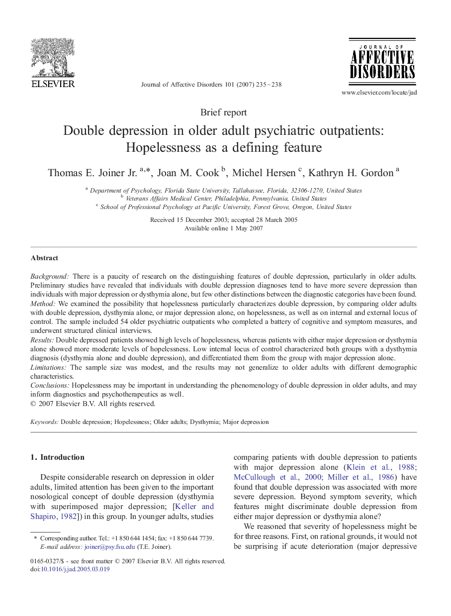 Double depression in older adult psychiatric outpatients: Hopelessness as a defining feature