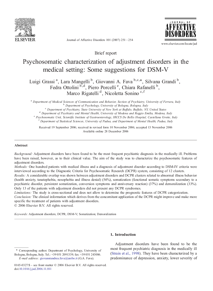 Psychosomatic characterization of adjustment disorders in the medical setting: Some suggestions for DSM-V