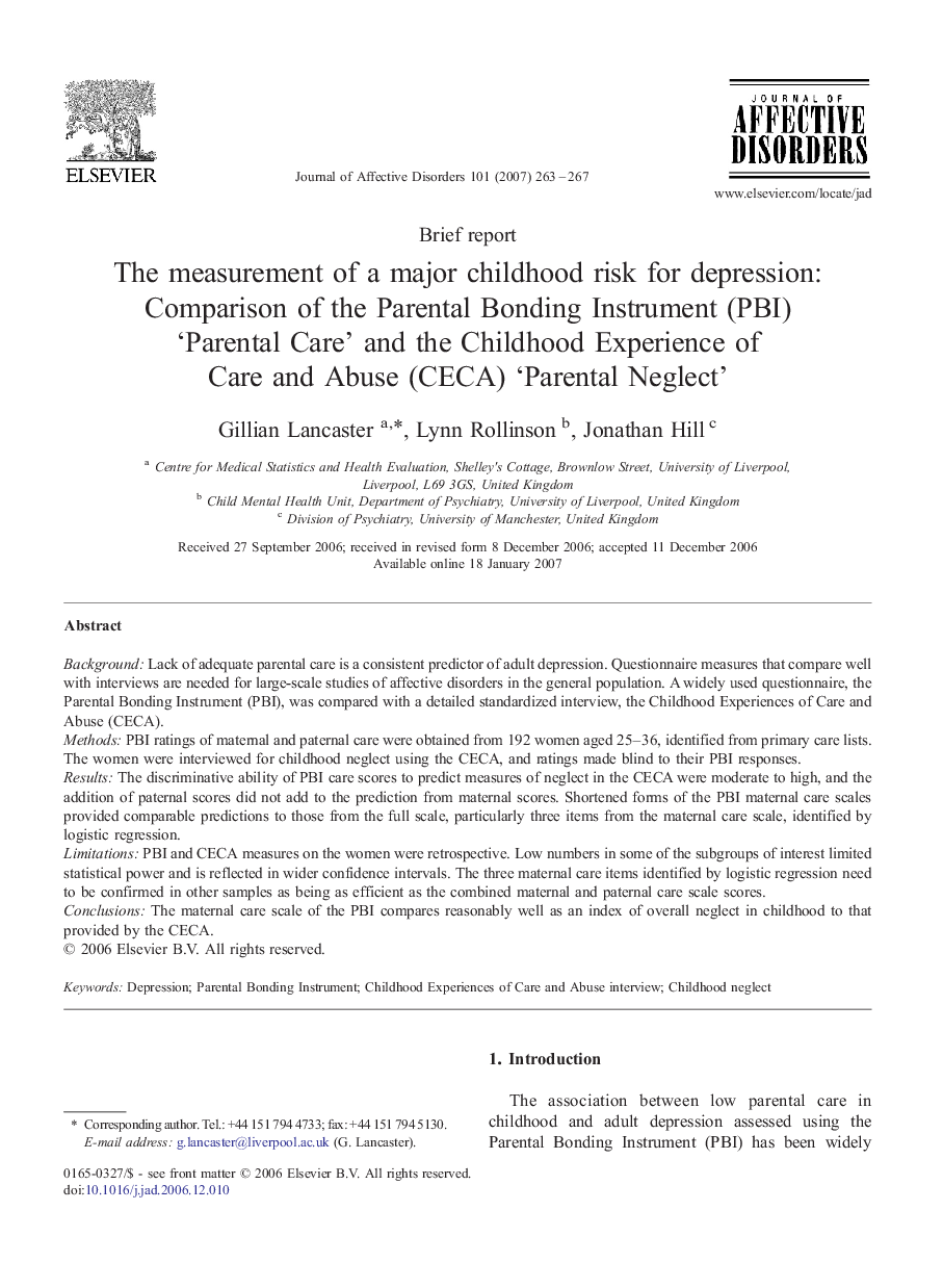 The measurement of a major childhood risk for depression: Comparison of the Parental Bonding Instrument (PBI) ‘Parental Care’ and the Childhood Experience of Care and Abuse (CECA) ‘Parental Neglect’