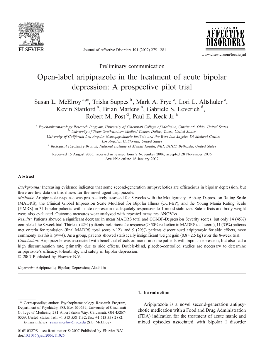 Open-label aripiprazole in the treatment of acute bipolar depression: A prospective pilot trial