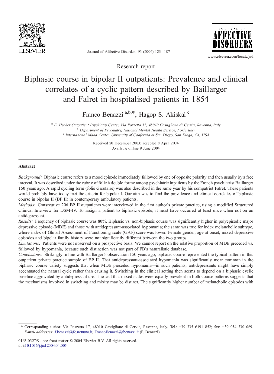 Biphasic course in bipolar II outpatients: Prevalence and clinical correlates of a cyclic pattern described by Baillarger and Falret in hospitalised patients in 1854