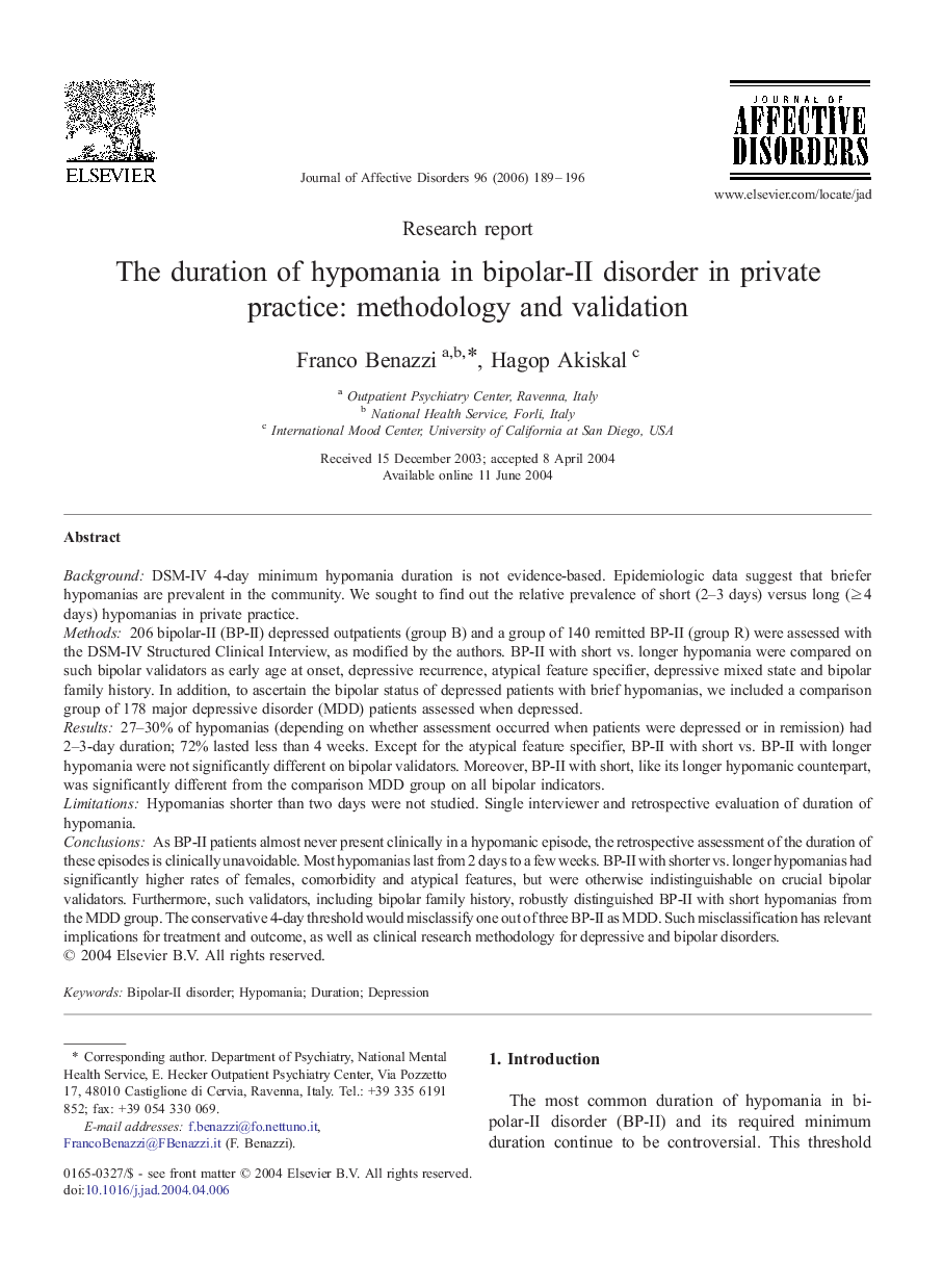 The duration of hypomania in bipolar-II disorder in private practice: methodology and validation