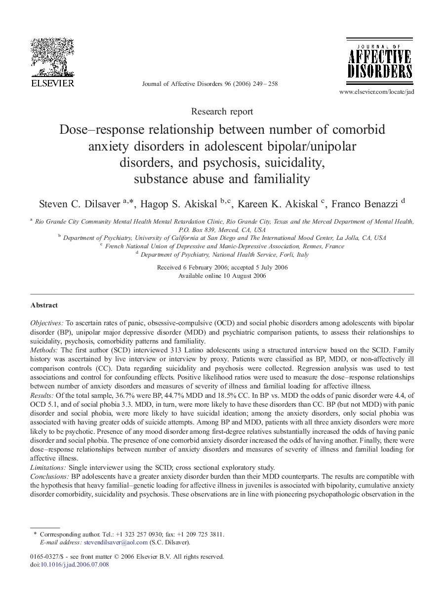 Dose–response relationship between number of comorbid anxiety disorders in adolescent bipolar/unipolar disorders, and psychosis, suicidality, substance abuse and familiality