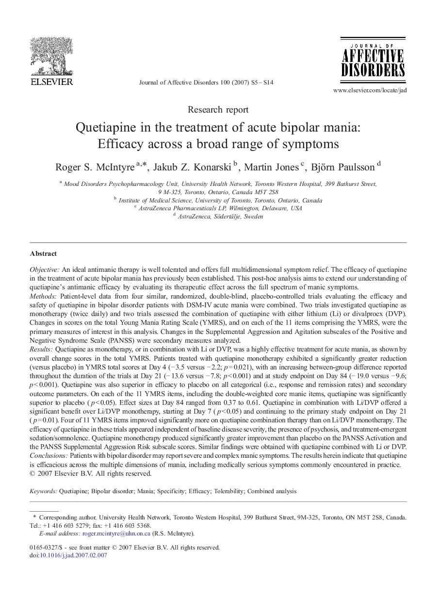 Quetiapine in the treatment of acute bipolar mania: Efficacy across a broad range of symptoms