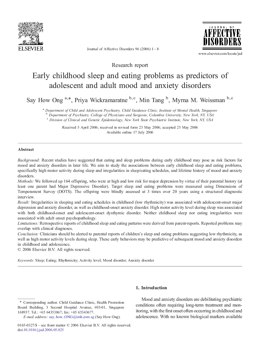 Early childhood sleep and eating problems as predictors of adolescent and adult mood and anxiety disorders