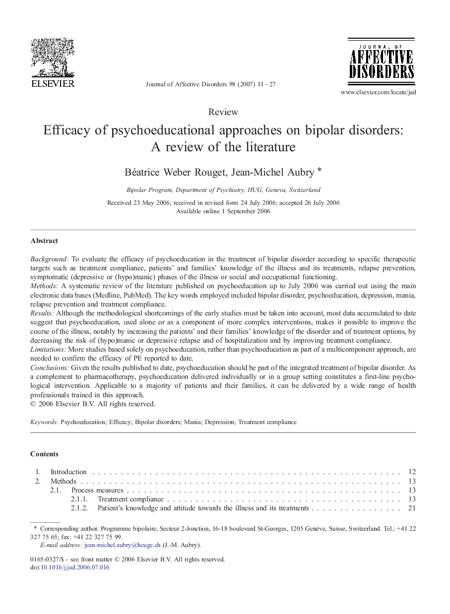 Efficacy of psychoeducational approaches on bipolar disorders: A review of the literature