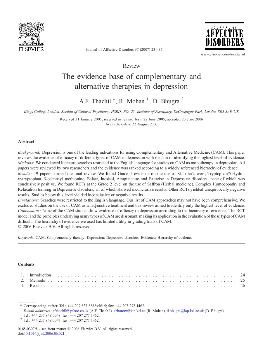 The evidence base of complementary and alternative therapies in depression