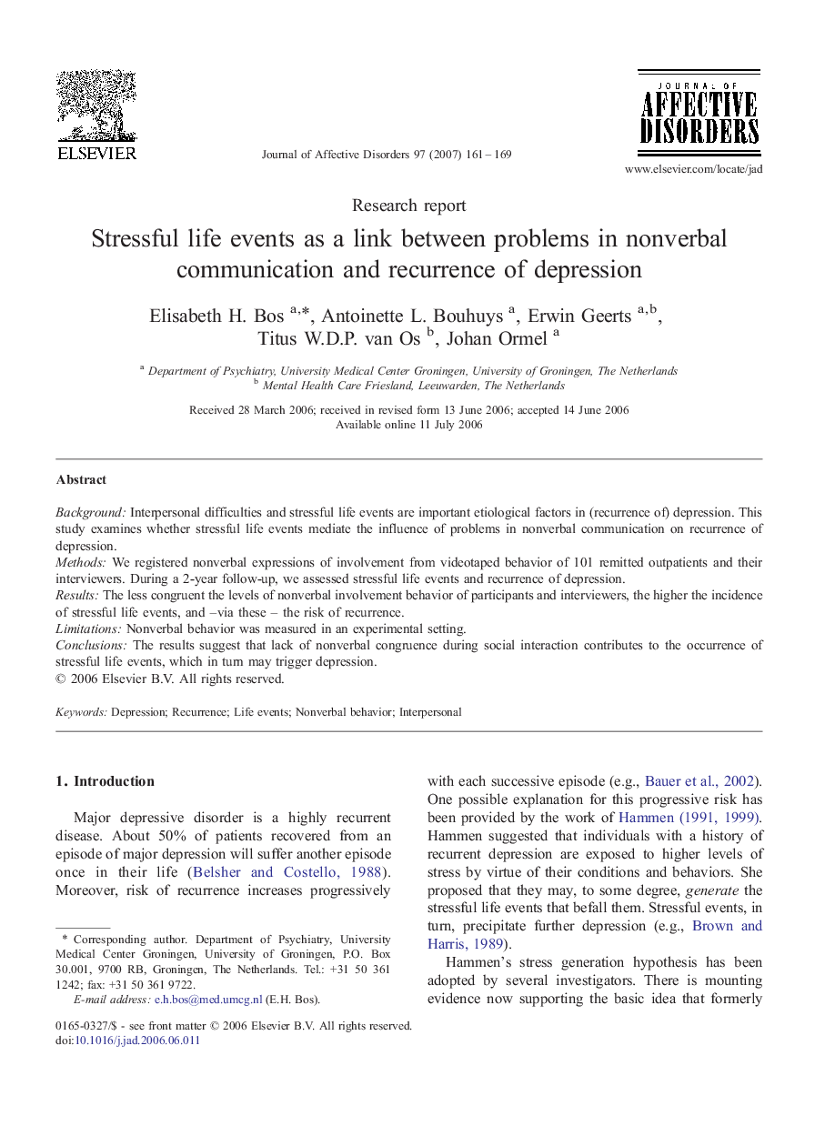 Stressful life events as a link between problems in nonverbal communication and recurrence of depression