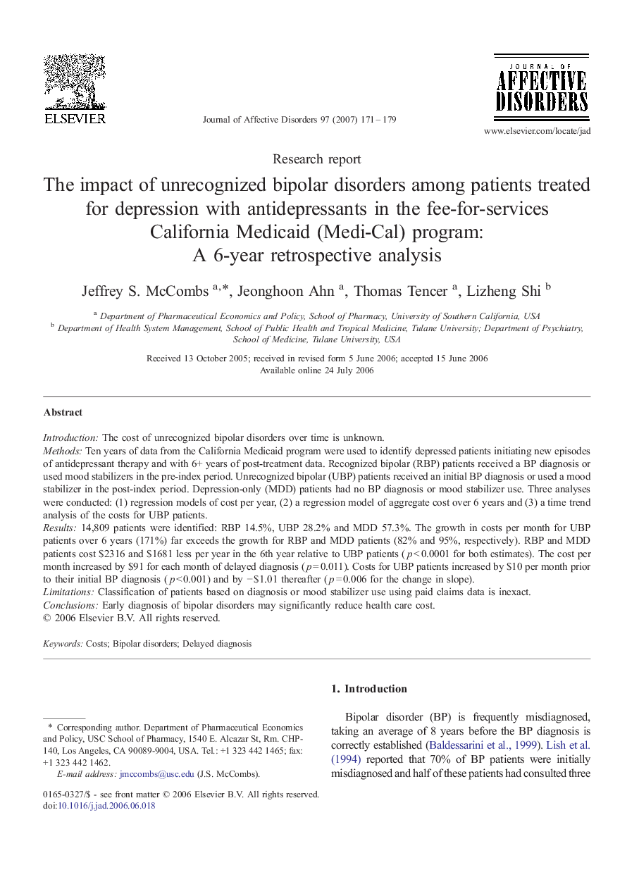 The impact of unrecognized bipolar disorders among patients treated for depression with antidepressants in the fee-for-services California Medicaid (Medi-Cal) program: A 6-year retrospective analysis