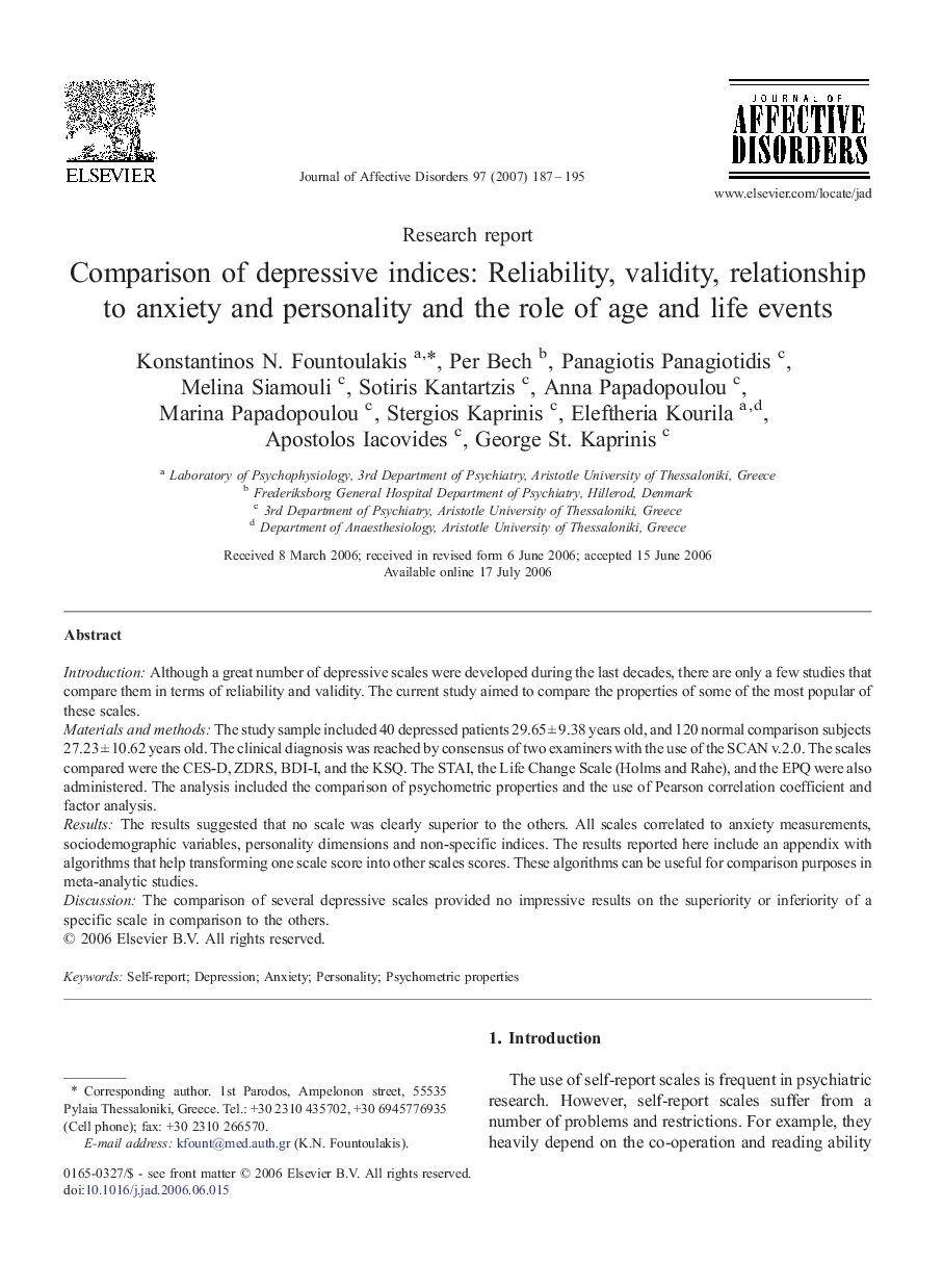 Comparison of depressive indices: Reliability, validity, relationship to anxiety and personality and the role of age and life events