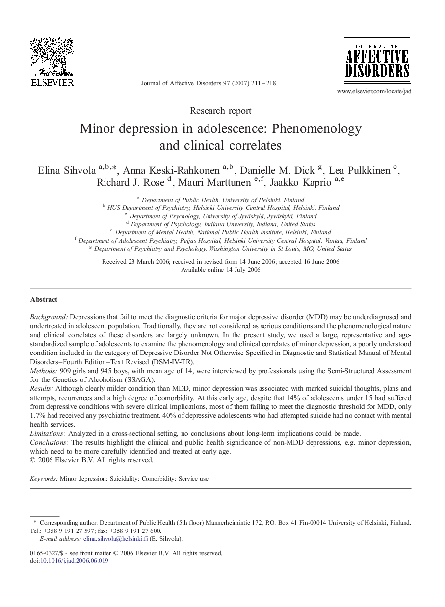 Minor depression in adolescence: Phenomenology and clinical correlates