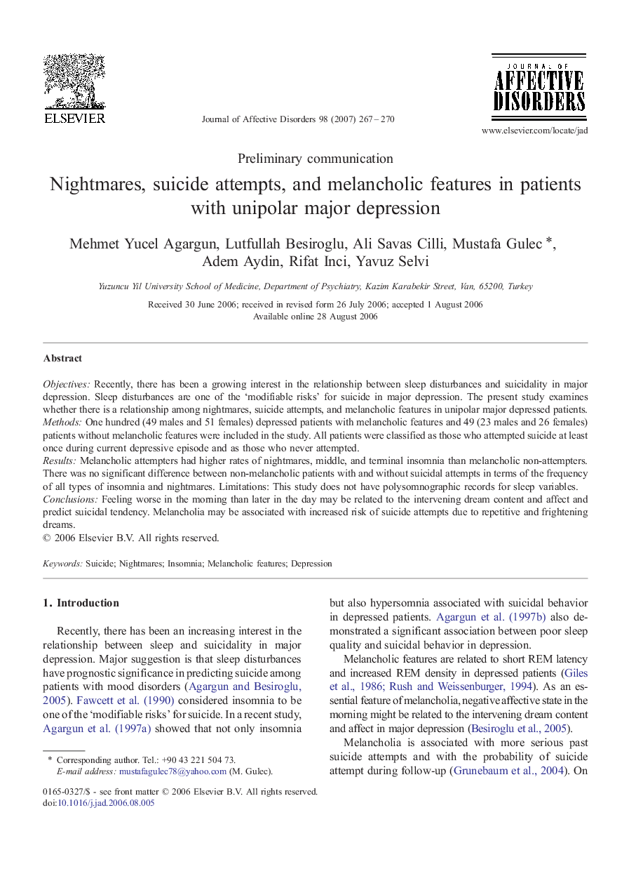 Nightmares, suicide attempts, and melancholic features in patients with unipolar major depression