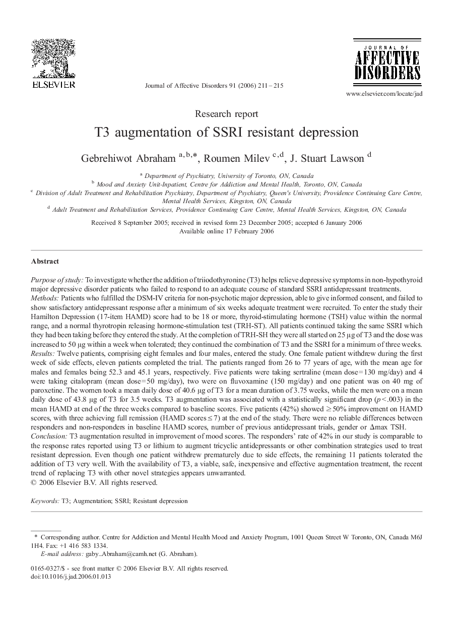 T3 augmentation of SSRI resistant depression