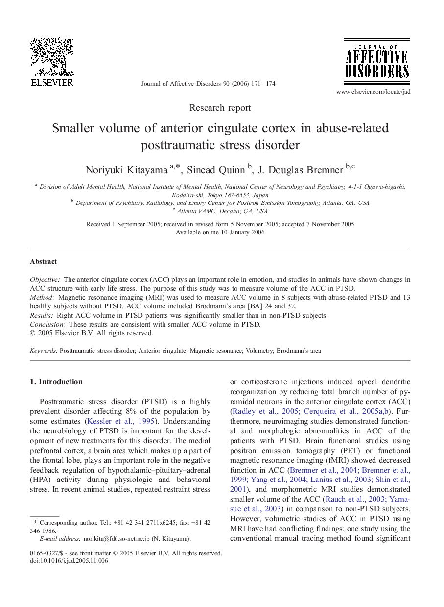 Smaller volume of anterior cingulate cortex in abuse-related posttraumatic stress disorder