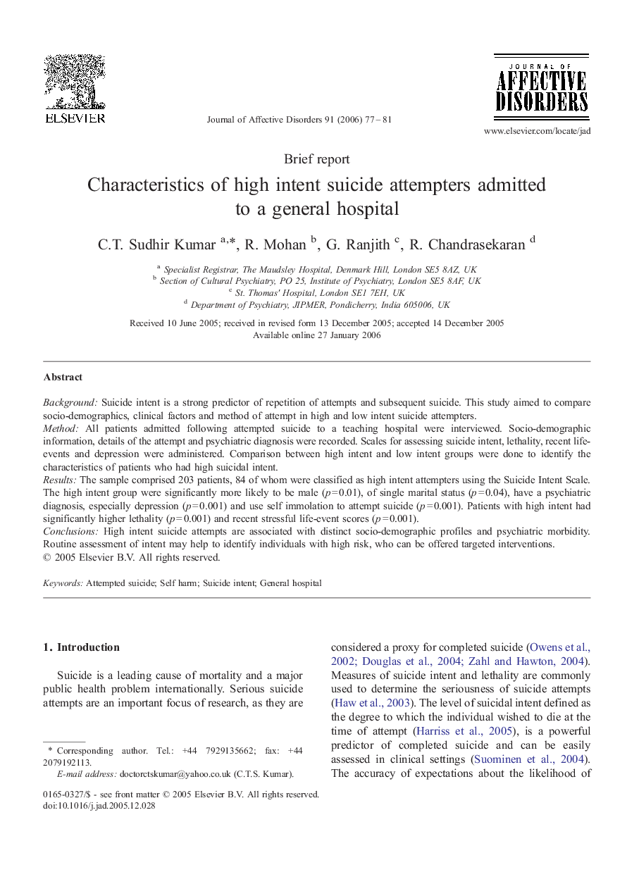 Characteristics of high intent suicide attempters admitted to a general hospital