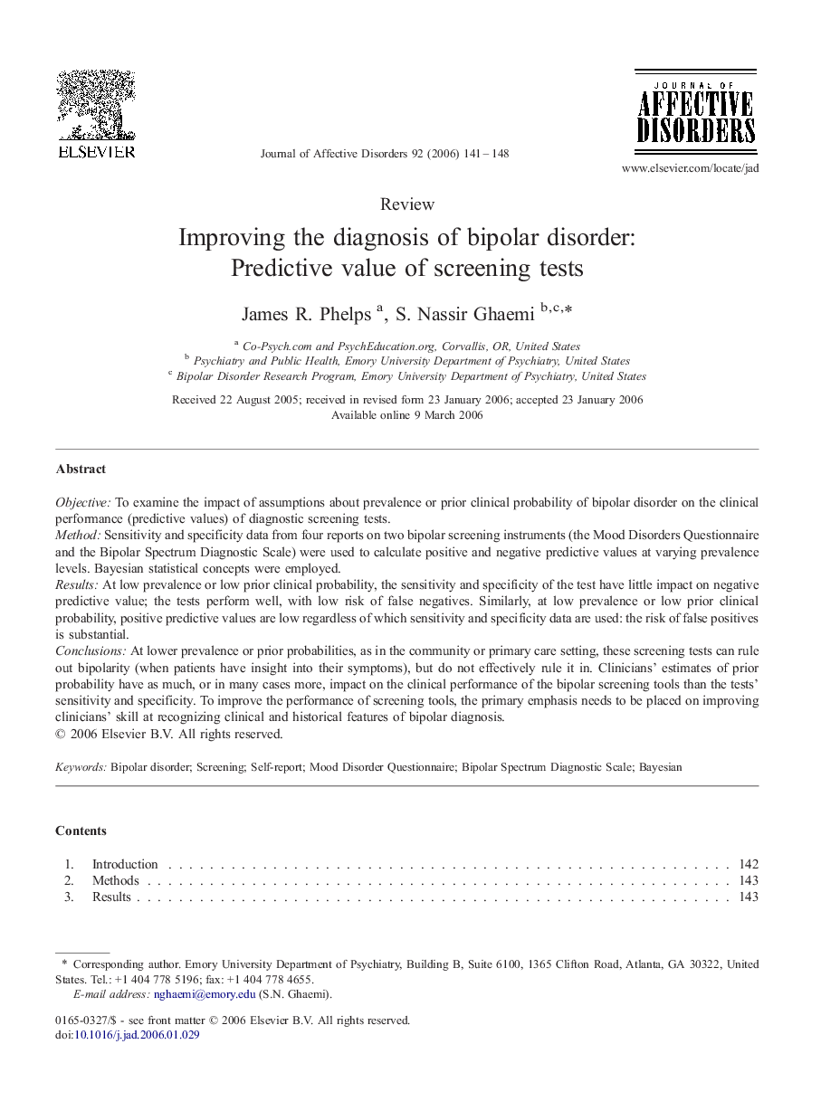 Improving the diagnosis of bipolar disorder: Predictive value of screening tests