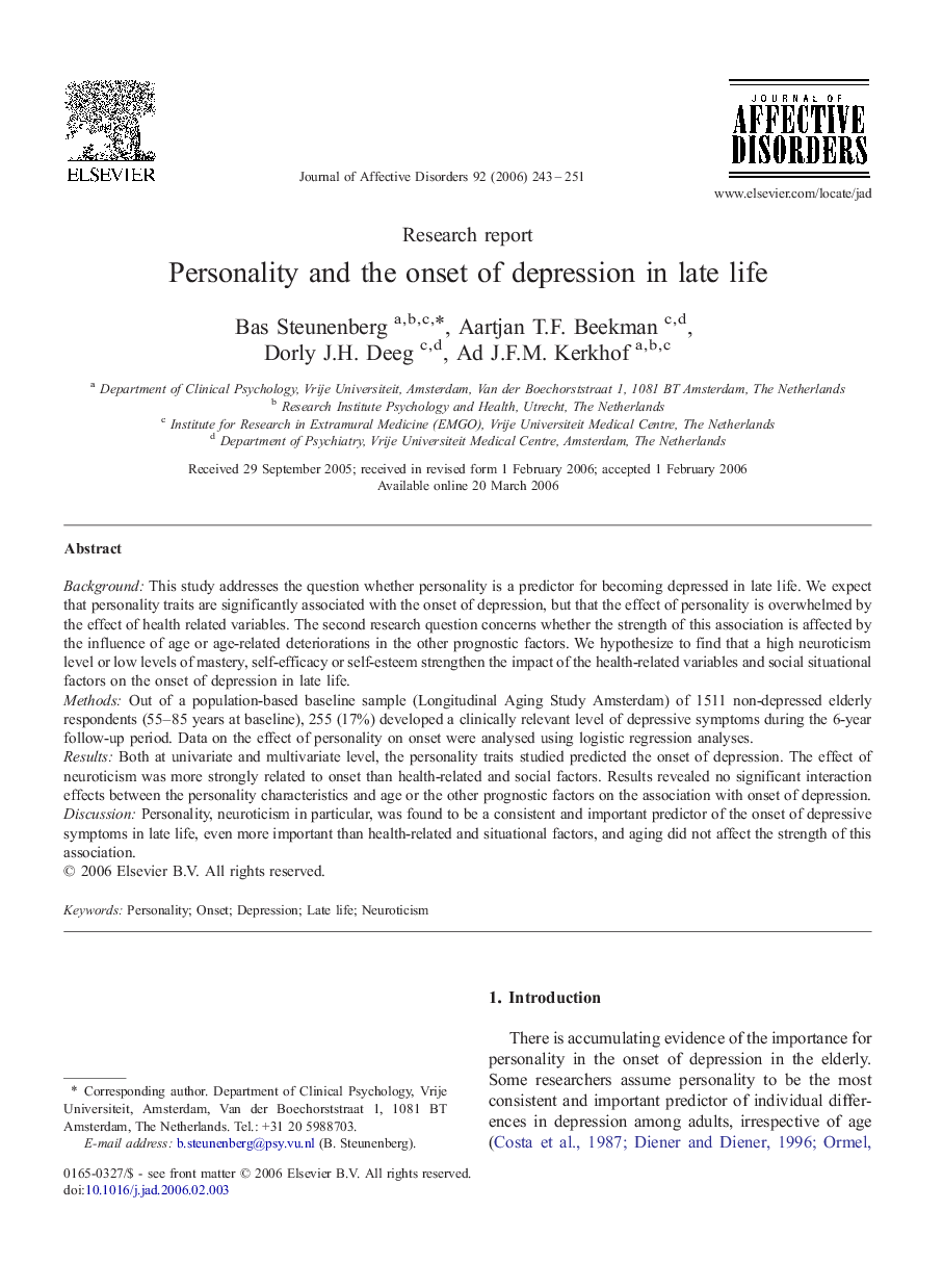 Personality and the onset of depression in late life