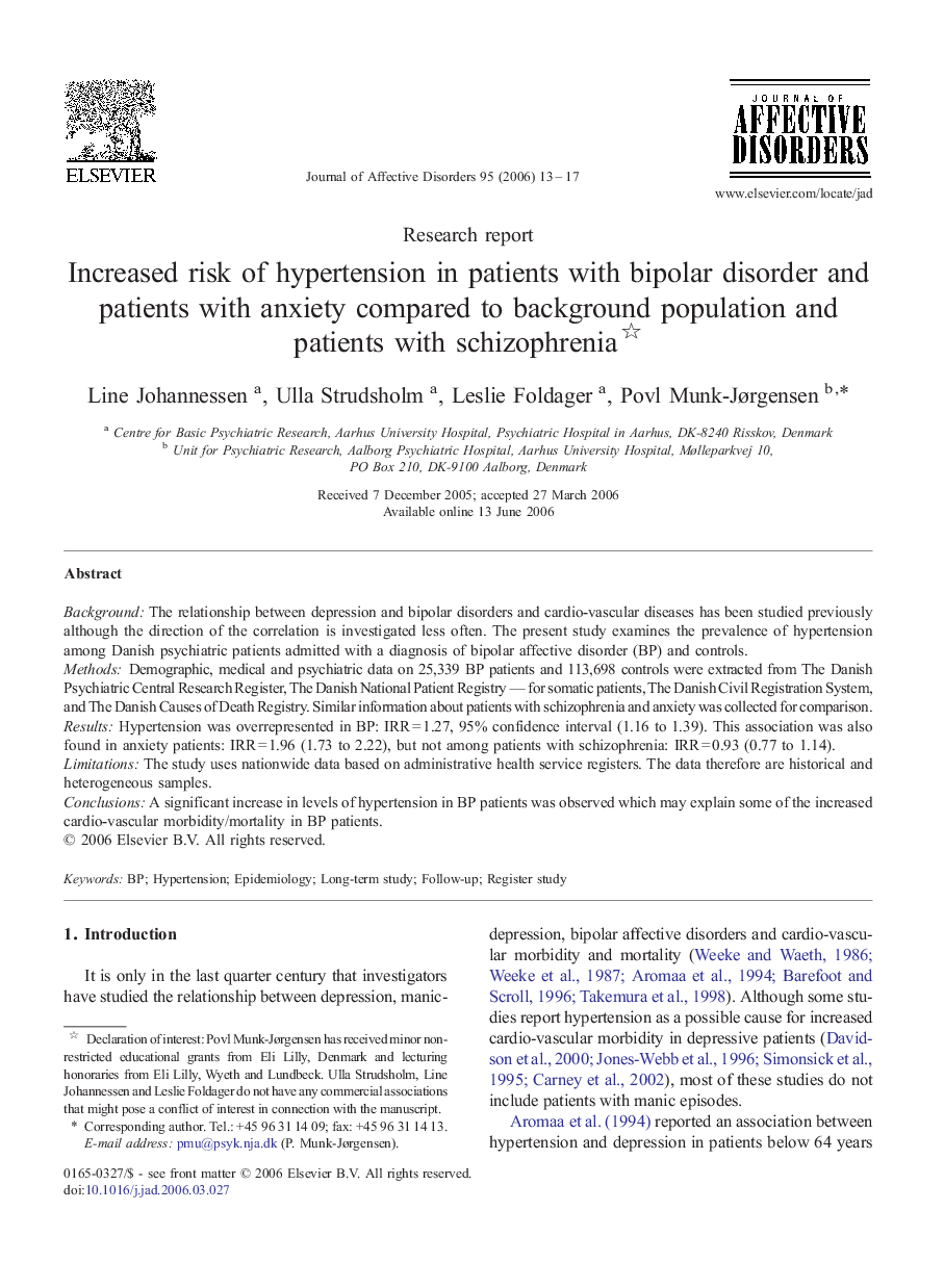 Increased risk of hypertension in patients with bipolar disorder and patients with anxiety compared to background population and patients with schizophrenia 