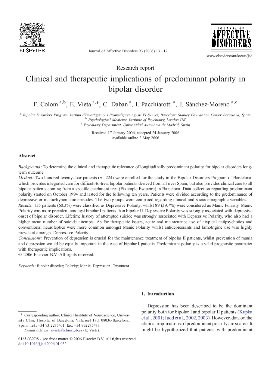 Clinical and therapeutic implications of predominant polarity in bipolar disorder