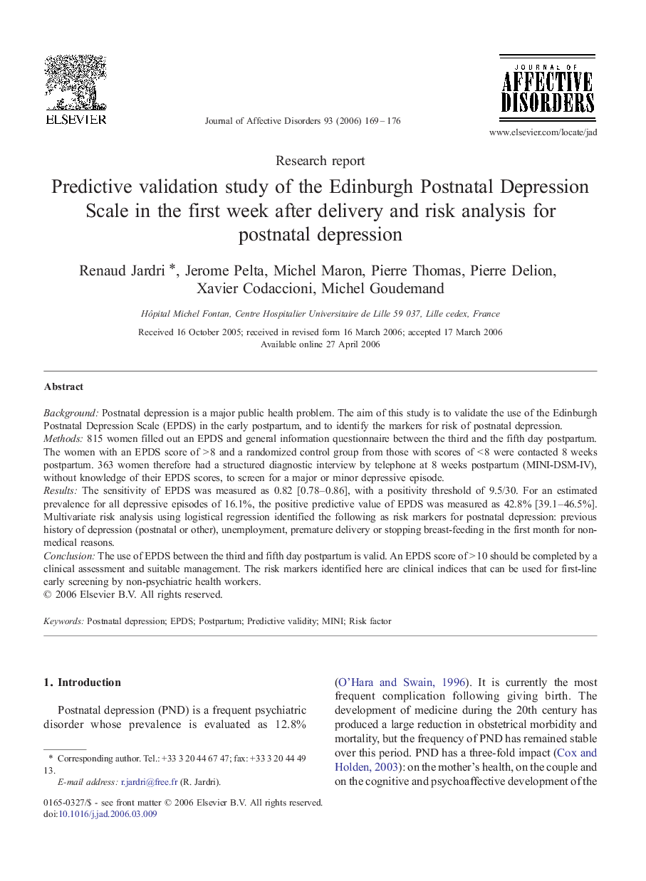 Predictive validation study of the Edinburgh Postnatal Depression Scale in the first week after delivery and risk analysis for postnatal depression