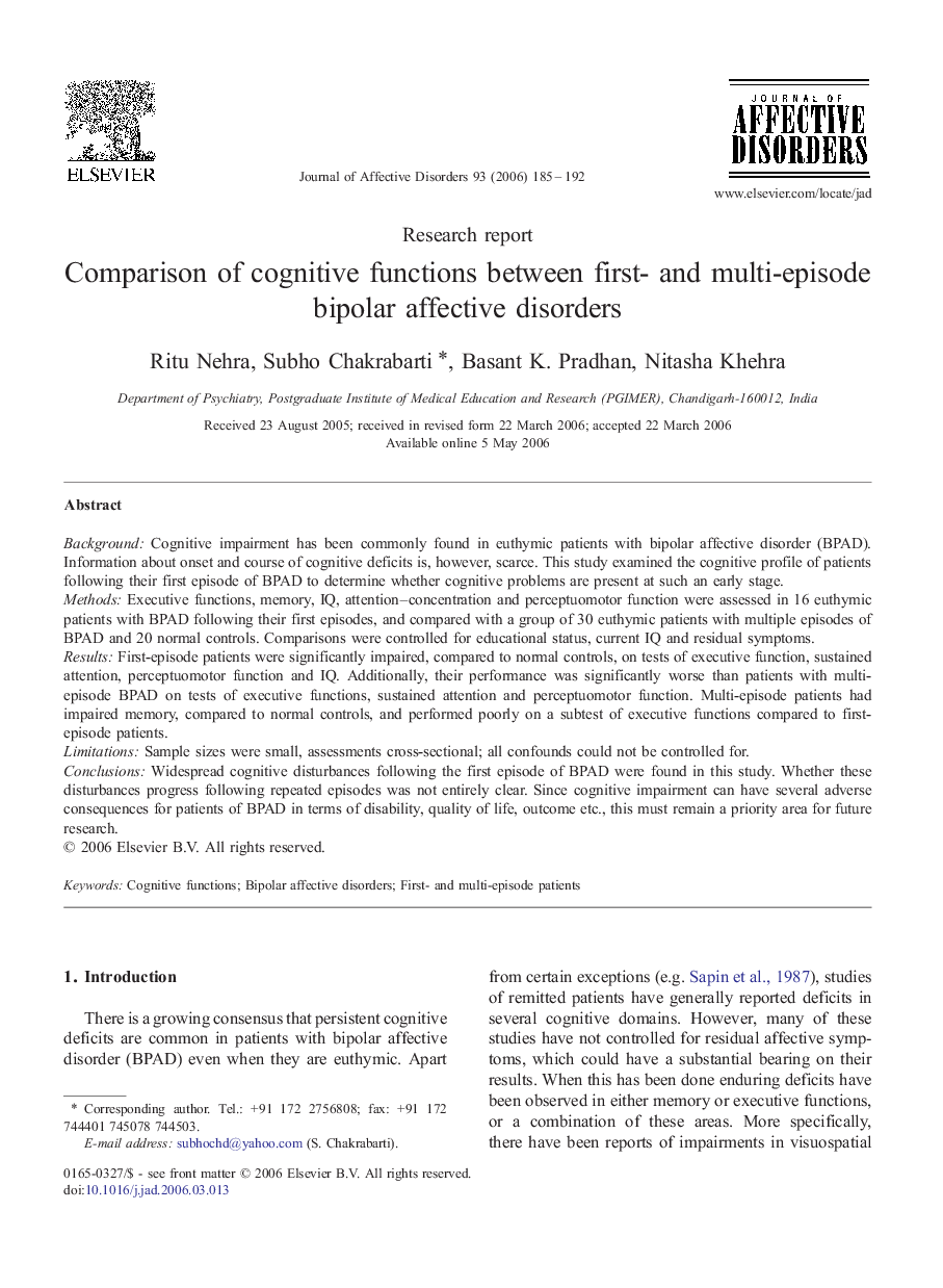 Comparison of cognitive functions between first- and multi-episode bipolar affective disorders