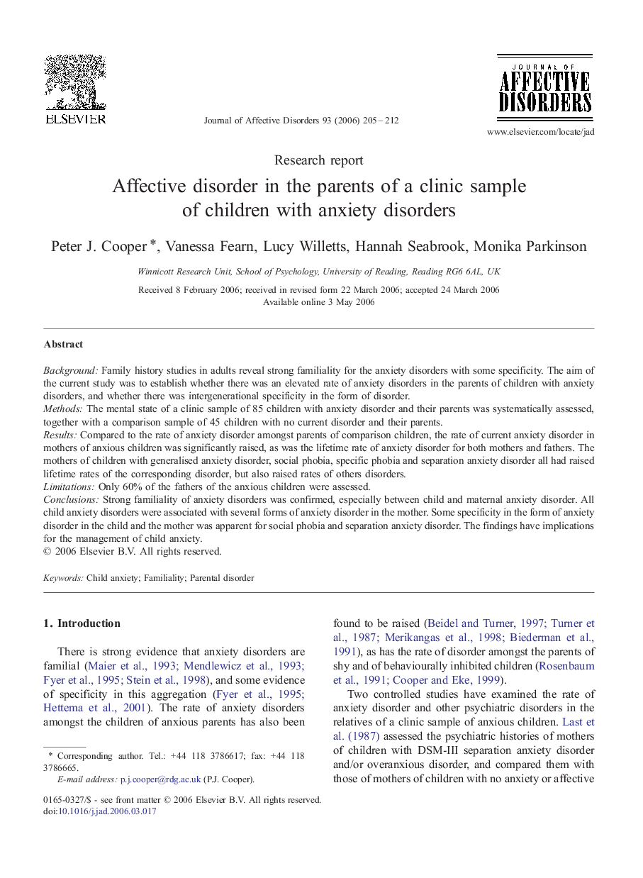 Affective disorder in the parents of a clinic sample of children with anxiety disorders