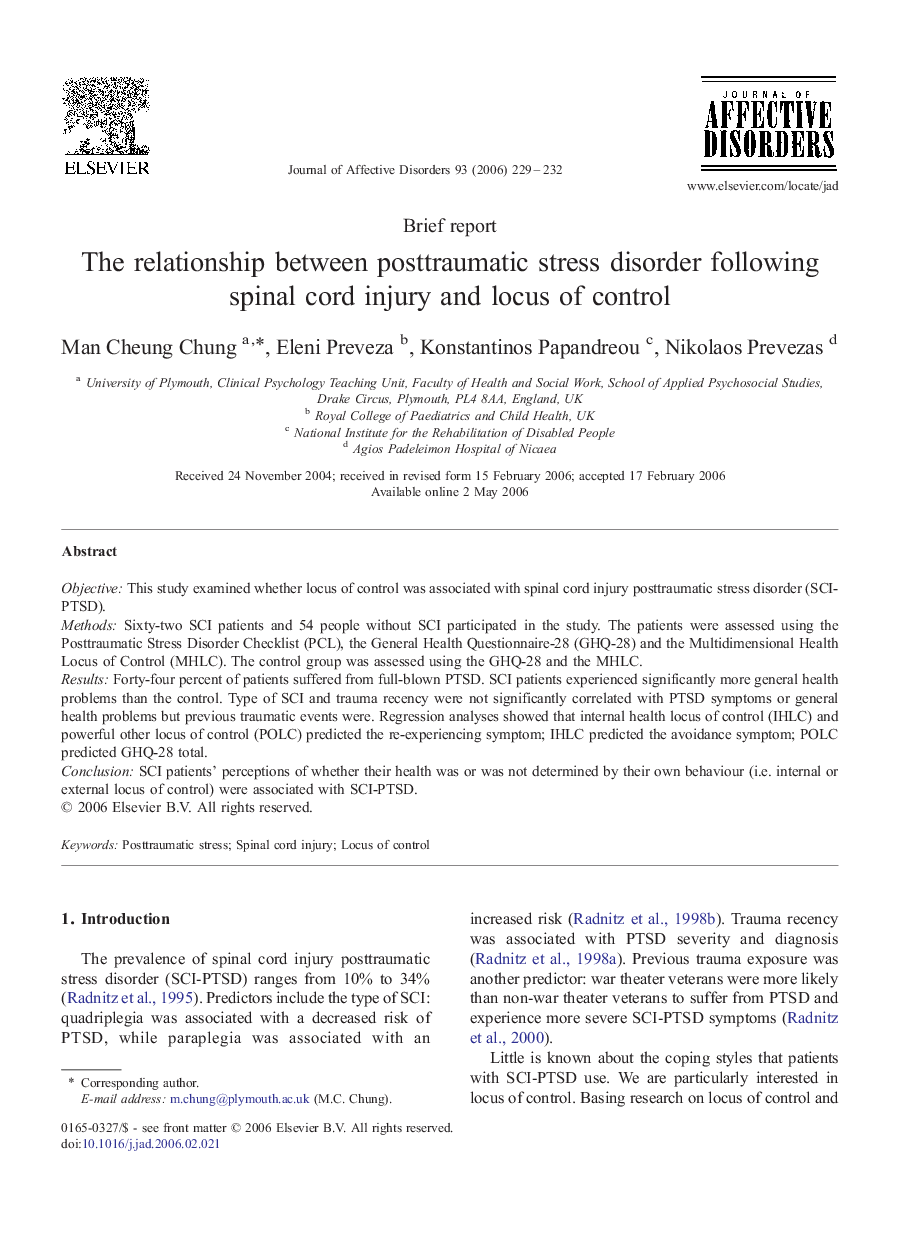 The relationship between posttraumatic stress disorder following spinal cord injury and locus of control