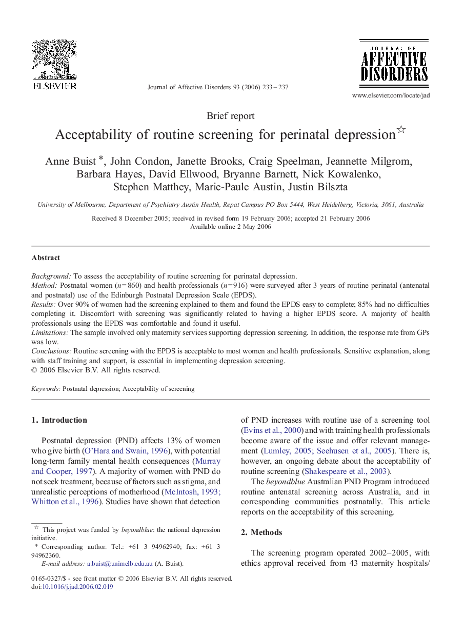 Acceptability of routine screening for perinatal depression 