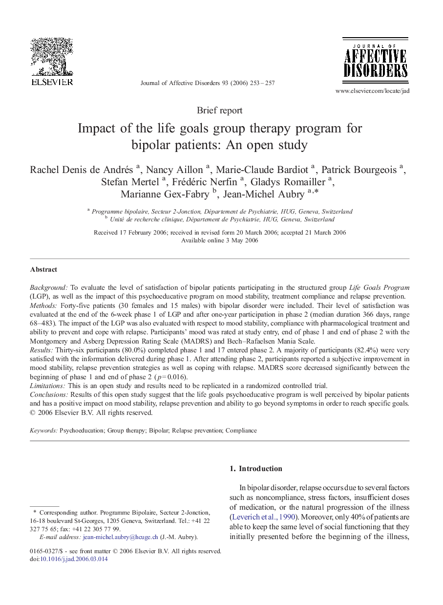 Impact of the life goals group therapy program for bipolar patients: An open study