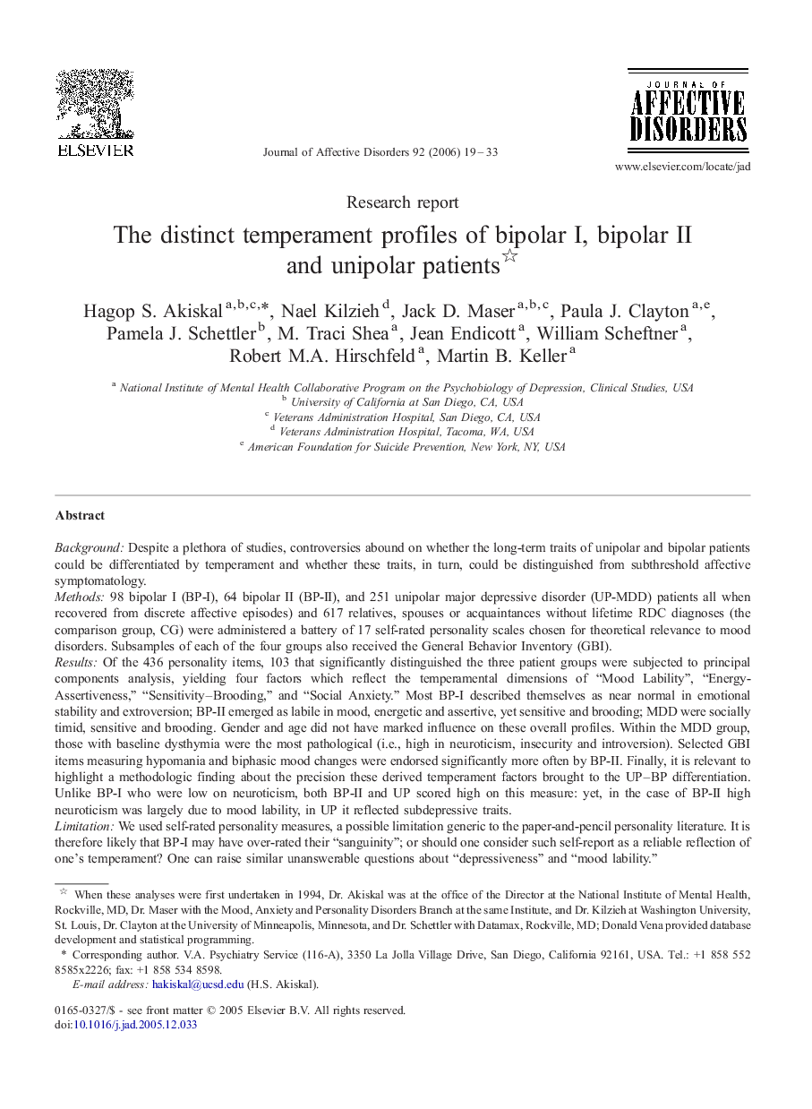 The distinct temperament profiles of bipolar I, bipolar II and unipolar patients 