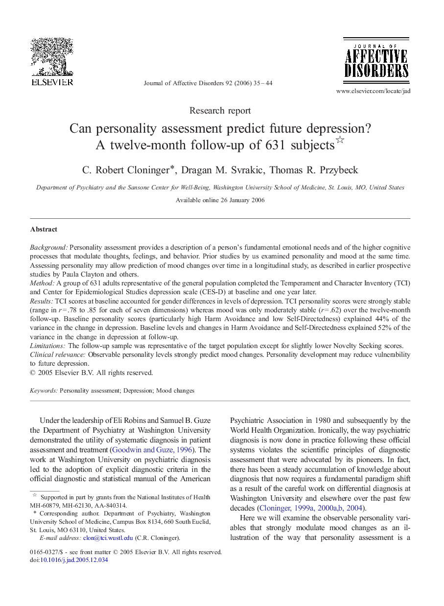 Can personality assessment predict future depression? A twelve-month follow-up of 631 subjects 