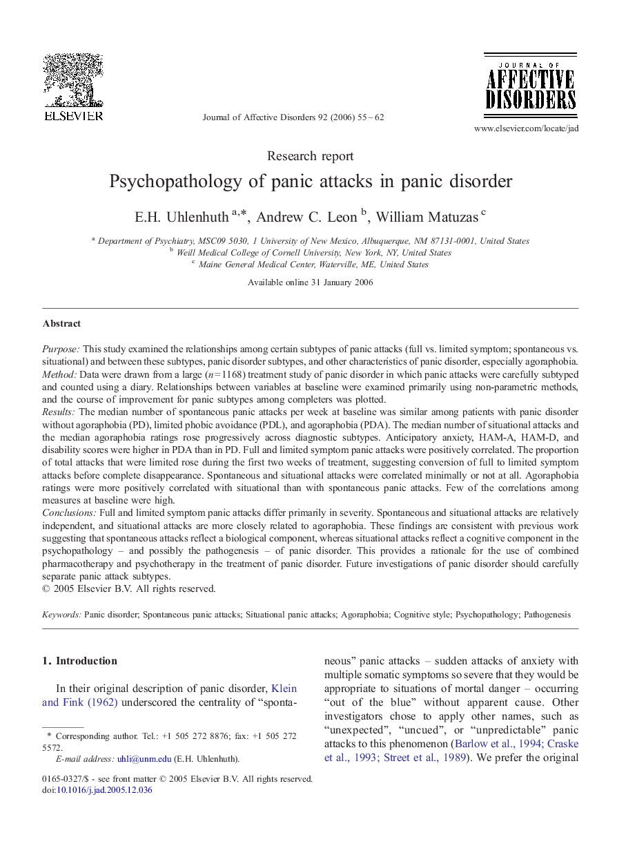 Psychopathology of panic attacks in panic disorder