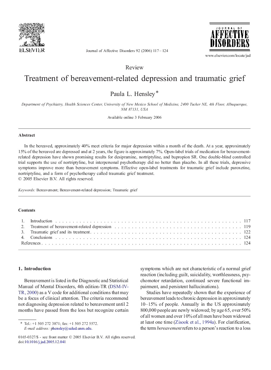 Treatment of bereavement-related depression and traumatic grief