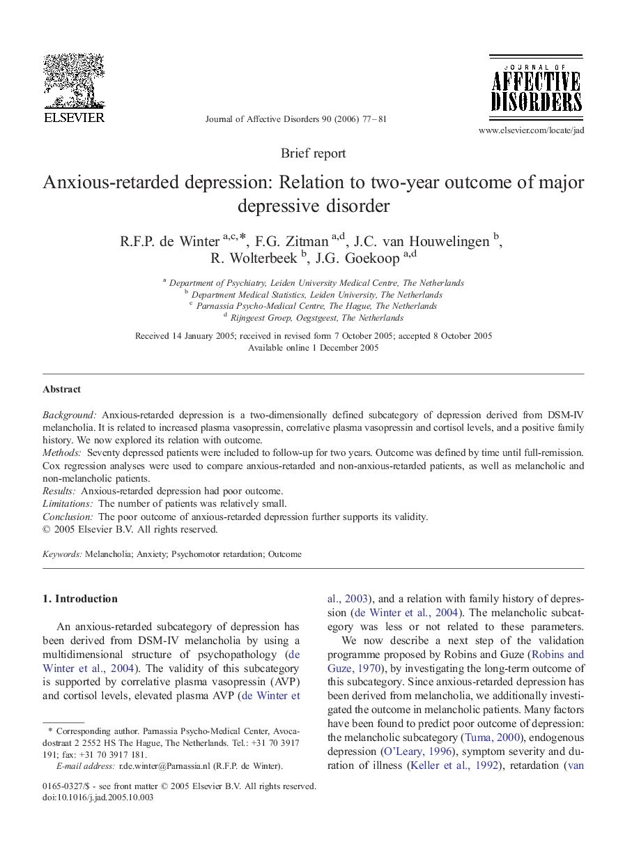 Anxious-retarded depression: Relation to two-year outcome of major depressive disorder