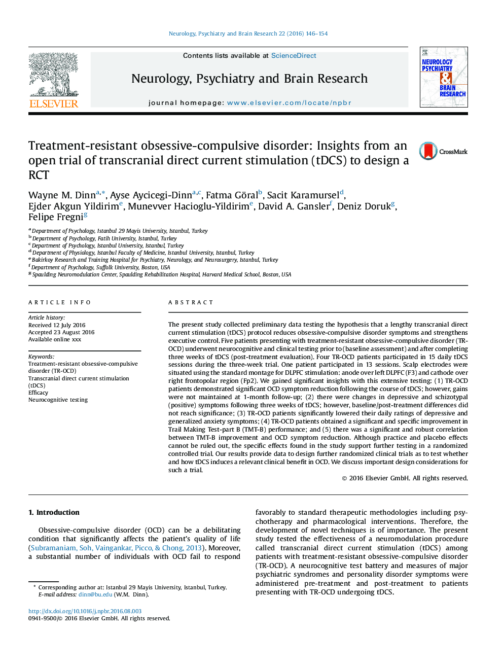 عکس صفحه اول مقاله: Treatment-resistant obsessive-compulsive disorder: Insights from an open trial of transcranial direct current stimulation (tDCS) to design a RCT Treatment-resistant obsessive-compulsive disorder: Insights from an open trial of transcranial direct current stimulation (tDCS) to design a RCT