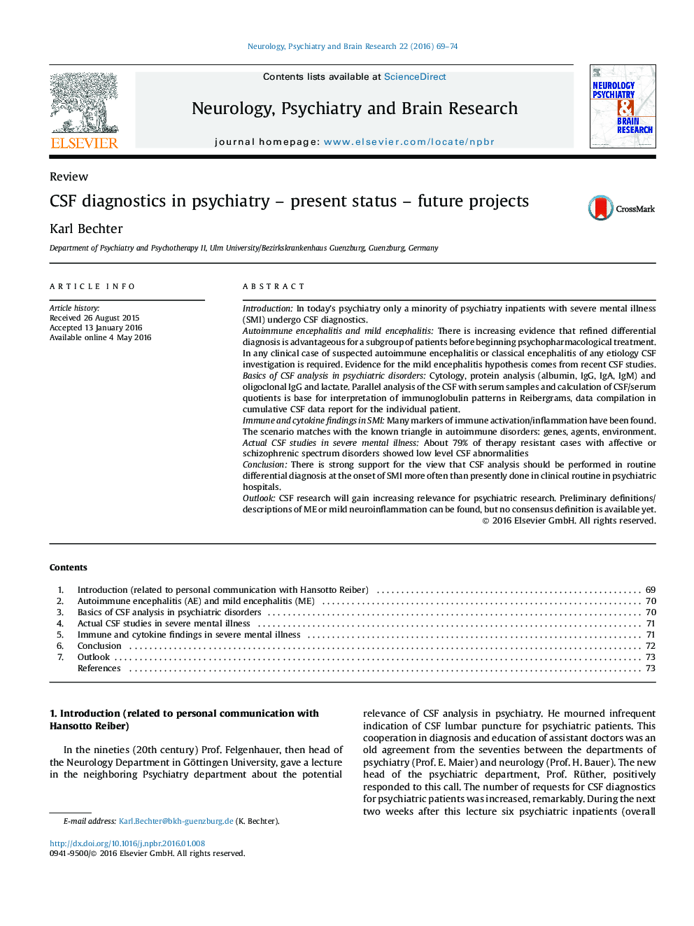 CSF diagnostics in psychiatry – present status – future projects